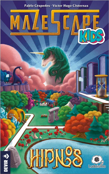 Mazescape: Hipnos game cover featuring colorful illustrations of a unicorn, trees, and a fantasy landscape with various structures, designed for kids. The title 'Mazescape' is prominently displayed at the top, while 'Hipnos' appears at the bottom.