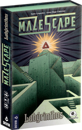 Mazescape: Labýrinthos is a captivating board game by Devir Games. The box features an intricate design of a maze with green and gray tones, highlighted by a glowing central symbol. Perfect for puzzle enthusiasts and strategy gamers alike.