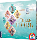 Mille Fiori game box by Schmidt Spiele featuring illustrated characters and images set against a serene waterfront backdrop. The title 'Mille Fiori' is prominently displayed in gold. The design includes colorful diamond shapes with various figures, suggesting a blend of strategy and creativity in gameplay.