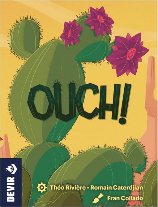 Colorful game box for 'Ouch!' by Devir featuring a vibrant cactus design adorned with purple flowers. The title 'OUCH!' is prominently displayed in bold letters, evoking playful fun.