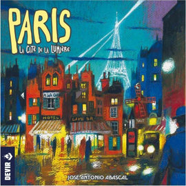 Colorful illustration of Paris at night featuring iconic elements like the Eiffel Tower and vibrant cafes. The title 'Paris: La Cité de la Lumière' is prominently displayed along with the artist's name José Antonio Abascal at the bottom.