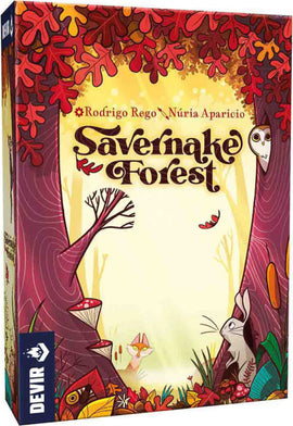Savernake Forest game box by Devir Games, featuring vibrant colors and whimsical illustrations of a forest scene with animals, trees, and foliage. The title is displayed prominently in an ornate font, showcasing its nature-themed adventure.