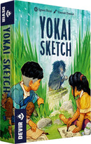 Yokai Sketch game box featuring two children drawing in nature, surrounded by greenery. The colorful artwork displays a lion-like creature, emphasizing creativity and adventure. The box contains the game title and branding from Devir Games.