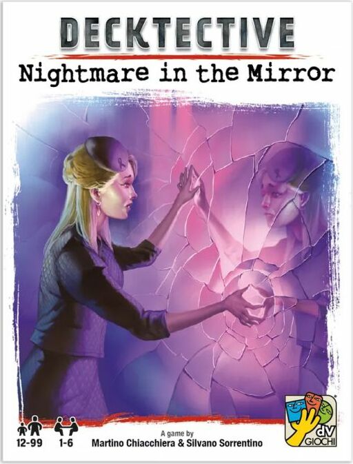 Decktective: Nightmare in the Mirror game cover featuring a woman reaching towards a cracked mirror, symbolizing mystery and supernatural elements. The cover art uses vibrant colors to depict an eerie atmosphere, appealing to fans of suspenseful gameplay.