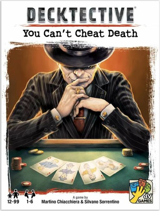 The game 'Decktective: You Can't Cheat Death' features a mysterious man in a hat, seated at a poker table, examining playing cards. The artwork emphasizes the themes of suspense and strategy, making it an engaging game for mystery enthusiasts.