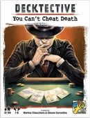 The game 'Decktective: You Can't Cheat Death' features a mysterious man in a hat, seated at a poker table, examining playing cards. The artwork emphasizes the themes of suspense and strategy, making it an engaging game for mystery enthusiasts.