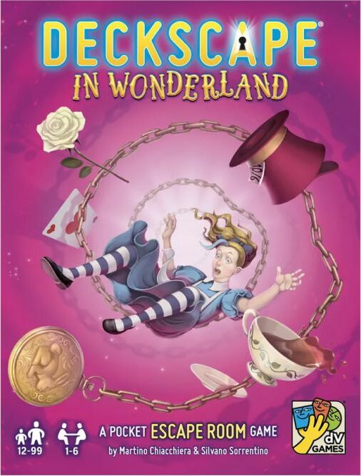 Deckscape: In Wonderland is a pocket escape room game by DV GIOCHI. The colorful box features whimsical illustrations of a girl in a striped outfit falling through a fantastical scene filled with roses, a hat, cups, and clock imagery. Suitable for ages 12-99, and designed for 1-6 players, it promises an engaging adventure full of puzzles and challenges.
