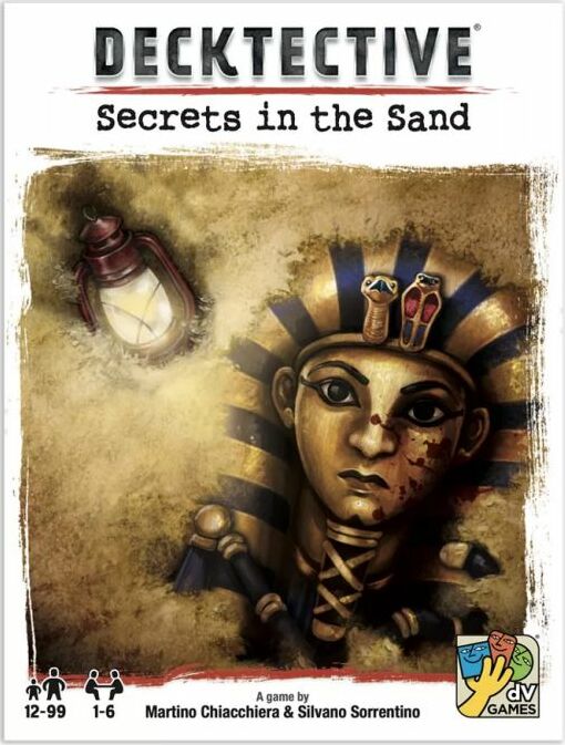 Decktective: Secrets in the Sand is an exciting board game featuring vibrant artwork of a pharaoh's head partially buried in sand, accompanied by a lamp and artifacts. The game is suitable for ages 12 and up, accommodating 1 to 6 players, and invites players to uncover mysteries in a rich narrative experience.