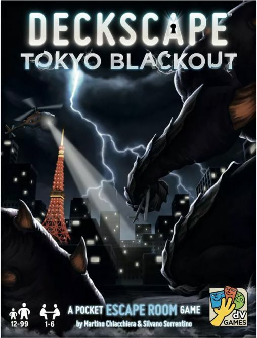 Deckscape: Tokyo Blackout is a thrilling pocket escape room game designed by Martino Chiacchiera and Silvano Sorrentino. The game features a dramatic cover illustration depicting a tense Tokyo skyline with a towering figure and a lightning storm, highlighting the excitement and challenges within. It's suitable for 1 to 6 players ages 12 and up, set against the iconic Tokyo Tower.