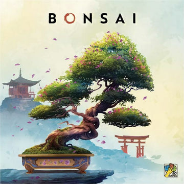 The image showcases a beautifully illustrated bonsai tree in a vibrant green color, set against a serene background featuring a temple and a traditional torii gate. The design incorporates pink petals gently falling, enhancing the tranquil atmosphere. This artwork represents the essence of the game 'Bonsai' by DV GIOCHI, inviting players into a peaceful and meticulous gameplay experience.