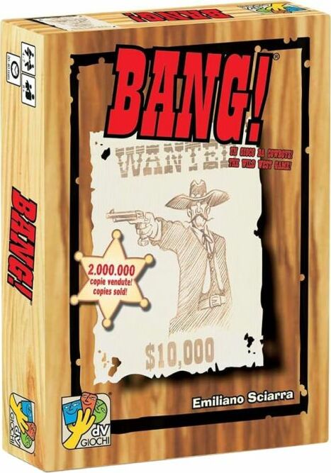 The game BANG! by Davinci Games features a Western theme with a box design showcasing a wanted poster. The poster depicts a cowboy with a gun and the text 'WANTED' along with a reward of $10,000. The box includes an illustration that highlights the game's adventurous and strategic elements, perfect for group play.