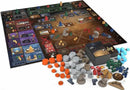 Dune Imperium: Uprising Expansion game components arranged on a table, featuring various colorful tokens, game board, and player pieces, all depicting elements from the Dune universe.