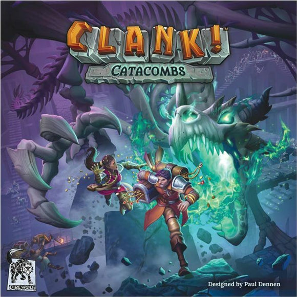 Cover art for Clank!: Catacombs featuring two adventurers, one wearing armor and the other in a colorful outfit, navigating a mysterious, dark catacomb environment with a large dragon skull in the background. The illustration showcases vibrant colors and intricate details, emphasizing an adventurous, fantasy theme.
