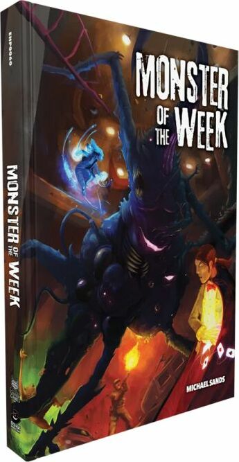 Cover of the 'Monster of the Week' RPG game by Evil Hat Productions, featuring vibrant artwork of a monster and two characters, set in a thrilling supernatural theme.