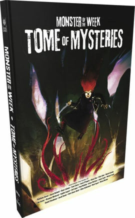 Cover of 'Monster of the Week: Tome of Mysteries', a role-playing game book by Evil Hat Productions. The artwork features a character with red hair and a dramatic pose, surrounded by mysterious tentacles, set against an ominous backdrop. The title is prominently displayed at the top.