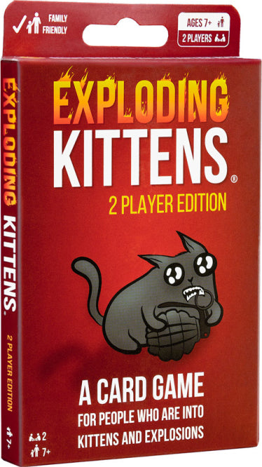 Exploding Kittens 2 Player Edition game box featuring a playful illustration of a cat holding a grenade. The package highlights that it is family-friendly and designed for 2 players aged 7 and up.