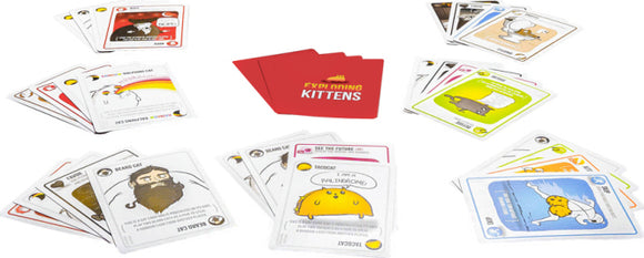 Exploding Kittens 2 Player Edition card game featuring a vibrant assortment of quirky cards, including humorous illustrations of cats and playful characters. The game includes a bright red Exploding Kittens title card and various action cards spread out, showcasing the fun and engaging gameplay designed for two players.