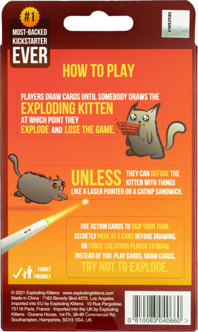 Exploding Kittens 2 Player Edition game back cover. Features playful illustrations of cartoon cats, and a brief description of how to play. Highlights include the 'Exploding Kitten' mechanic and family-friendly fun. The design is colorful with engaging visuals to attract players.