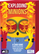 Exploding Minions card game by Exploding Kittens featuring a vibrant cover design. The artwork showcases a cheerful yellow character with large round eyes, holding two sticks of dynamite that are exploding with flames. The background is red with fiery accents, emphasizing the game's fun and chaotic theme centered around bananas, explosions, and minions.