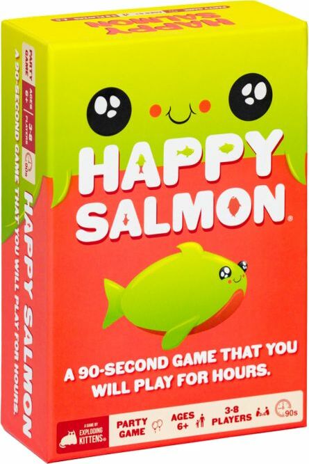 Happy Salmon by Exploding Kittens is a fun, fast-paced party game designed for 3 to 8 players. The colorful packaging features a cute, smiling salmon character and promises 90 seconds of thrilling gameplay that keeps players engaged for hours. Ideal for ages 6 and up, it's perfect for family gatherings or game nights with friends.