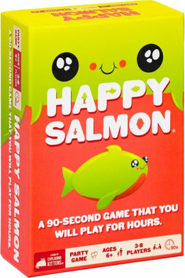 Happy Salmon by Exploding Kittens is a fun, fast-paced party game designed for 3 to 8 players. The colorful packaging features a cute, smiling salmon character and promises 90 seconds of thrilling gameplay that keeps players engaged for hours. Ideal for ages 6 and up, it's perfect for family gatherings or game nights with friends.