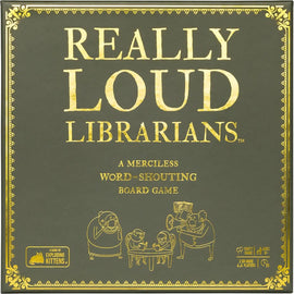 Really Loud Librarians board game by Exploding Kittens features a fun and chaotic design with bold typography. The cover showcases playful illustrations of librarians engaging in word-shouting activities, making it ideal for a loud game night. Designed for 2 or more players, it's a merciless competition that promises laughter and excitement as players shout out words.