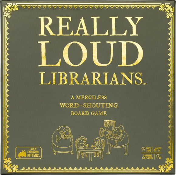 Really Loud Librarians board game by Exploding Kittens features a fun and chaotic design with bold typography. The cover showcases playful illustrations of librarians engaging in word-shouting activities, making it ideal for a loud game night. Designed for 2 or more players, it's a merciless competition that promises laughter and excitement as players shout out words.