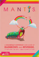 Mantis card game by Exploding Kittens features a vibrant packaging design showcasing a colorful cutthroat card game theme. The cover illustrates a playful mantis character amidst rainbows and clouds, highlighting the fun and competitive nature of the game. Ideal for parties, it's suitable for ages 7 and up, accommodating 2 to 6 players with a quick gameplay time of approximately 10 minutes.