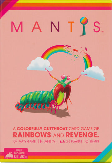 Mantis card game by Exploding Kittens features a vibrant packaging design showcasing a colorful cutthroat card game theme. The cover illustrates a playful mantis character amidst rainbows and clouds, highlighting the fun and competitive nature of the game. Ideal for parties, it's suitable for ages 7 and up, accommodating 2 to 6 players with a quick gameplay time of approximately 10 minutes.