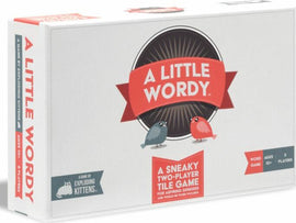 A Little Wordy game box by Exploding Kittens featuring a playful design with two cartoon birds. The front showcases a bold title and describes the game as a sneaky two-player tile game for aspiring word geniuses aged 10 and above.