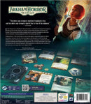 Arkham Horror: The Card Game is a cooperative board game designed for 1 to 4 players, featuring an immersive storyline centered around mystery and horror. The back of the game box showcases the game components, including player cards, tokens, and thematic artwork, highlighting the game's cooperative mechanics where players take on the roles of investigators. The box promises engaging narratives and strategic gameplay as players navigate through unknown threats and challenges.