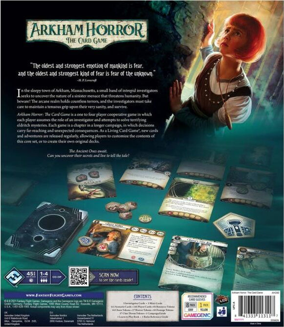 Arkham Horror: The Card Game is a cooperative board game designed for 1 to 4 players, featuring an immersive storyline centered around mystery and horror. The back of the game box showcases the game components, including player cards, tokens, and thematic artwork, highlighting the game's cooperative mechanics where players take on the roles of investigators. The box promises engaging narratives and strategic gameplay as players navigate through unknown threats and challenges.