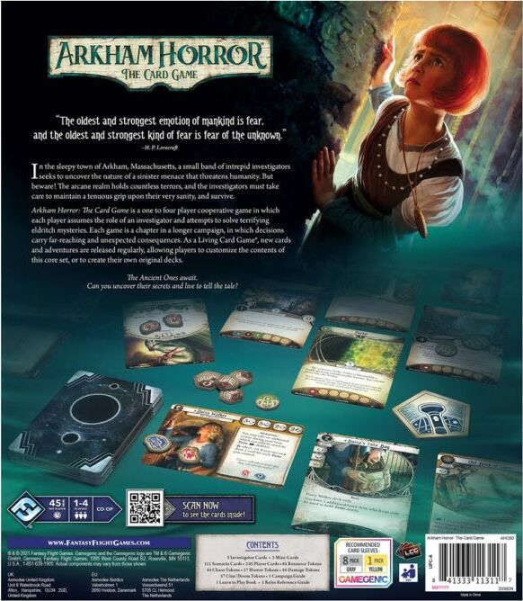 Arkham Horror: The Card Game is a cooperative board game designed for 1 to 4 players, featuring an immersive storyline centered around mystery and horror. The back of the game box showcases the game components, including player cards, tokens, and thematic artwork, highlighting the game's cooperative mechanics where players take on the roles of investigators. The box promises engaging narratives and strategic gameplay as players navigate through unknown threats and challenges.