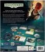 The back of the Arkham Horror: The Card Game box, showcasing game components spread out, including scenario cards, player boards, and artwork featuring a character in a dark, atmospheric setting. The design incorporates elements of mystery and horror, suitable for 1 to 4 players.