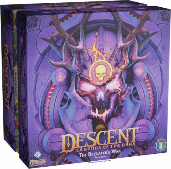 Descent Legends of the Dark: The Betrayer's War Expansion box features dramatic artwork with a skull design, mystical symbols, and vibrant colors. This tabletop game expansion invites players to explore new quests and challenges within the Descent universe, enhancing the overall gameplay experience.