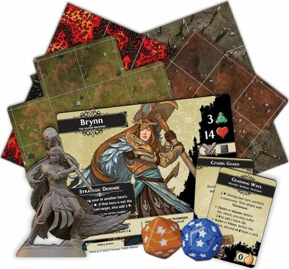 Descent Legends of the Dark: The Betrayer's War Expansion. Features character cards, terrain tiles, a detailed miniature of Brynn, and action tokens, offering immersive tabletop gameplay. Perfect for strategy game enthusiasts.