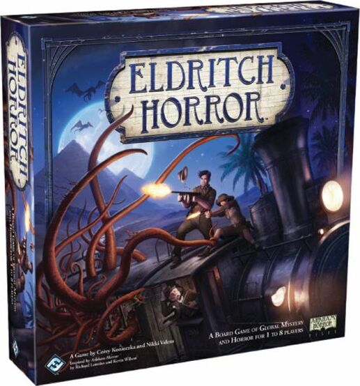 Eldritch Horror board game box featuring an adventurous scene with characters battling a mysterious creature in a dark, intricate setting. The cover showcases elements of horror and global mystery, making it appealing for enthusiasts of thematic board games.