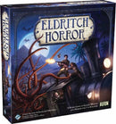 Eldritch Horror board game box featuring an adventurous scene with characters battling a mysterious creature in a dark, intricate setting. The cover showcases elements of horror and global mystery, making it appealing for enthusiasts of thematic board games.