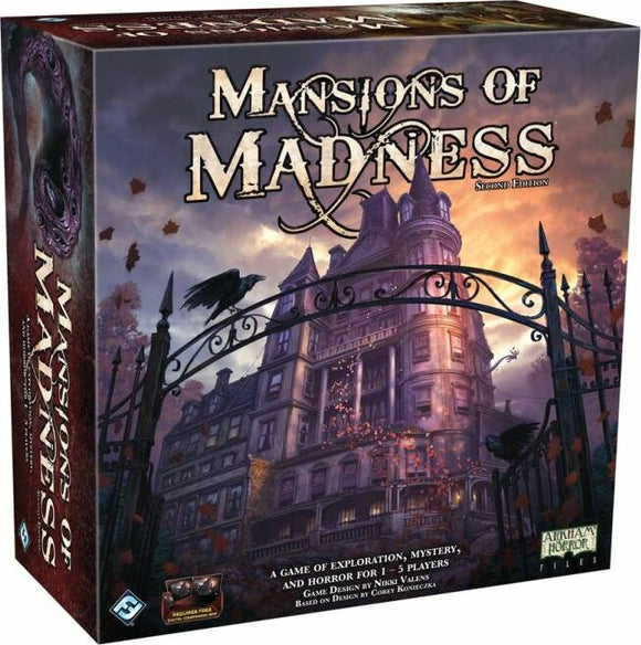 Mansions of Madness: Second Edition board game by Fantasy Flight Games. The box features a haunting mansion with gothic architecture surrounded by autumn leaves and a raven perched on a wrought iron gate. The title is prominently displayed at the top, along with a tagline about exploration, mystery, and horror for 1-5 players.