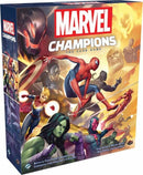 Marvel Champions LCG Core Set box featuring iconic Marvel superheroes like Spider-Man, Captain Marvel, and the Hulk in a vibrant illustrated design. The box highlights the game's cooperative nature, designed for 1-4 players, with a tagline suggesting epic battles against villains.