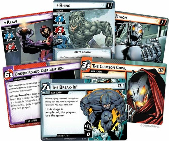 Marvel Champions LCG: Core Set card game featuring various character and scheme cards including Klaw, Rhino, Ultron, and others. Each card displays colorful artwork and essential game information, setting the stage for a dynamic strategic gameplay experience.