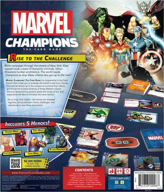 Marvel Champions LCG: Core Set game cover featuring superheroes like Spider-Man, She-Hulk, Captain Marvel, Iron Man, and Black Panther. The background showcases vibrant comic art with a text overlay that reads 'Rise to the Challenge'. The game includes various cards and components, inviting players to battle villains in a cooperative card game format.