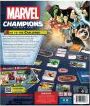 The Marvel Champions LCG: Core Set, featuring vibrant artwork of iconic Marvel superheroes and detailed game components displayed on the back of the box. The layout includes game cards, tokens, and play instructions, showcasing an engaging cooperative tabletop experience.