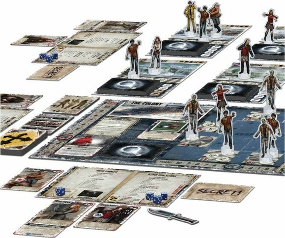 Dead of Winter: A Crossroads Game board setup featuring various character standees and game components laid out. Includes player boards, crisis cards, and dice, all set in a post-apocalyptic theme. Designed for strategic gameplay and collaborative storytelling.