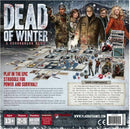 Back cover of the board game 'Dead of Winter: A Crossroads Game' by Plaid Hat Games. Features the game's artwork showcasing characters and components including game board, cards, and tokens. Highlights elements of survival and decision-making in a post-apocalyptic setting for 2-5 players, ages 13 and up, with a playtime of 60-120 minutes.
