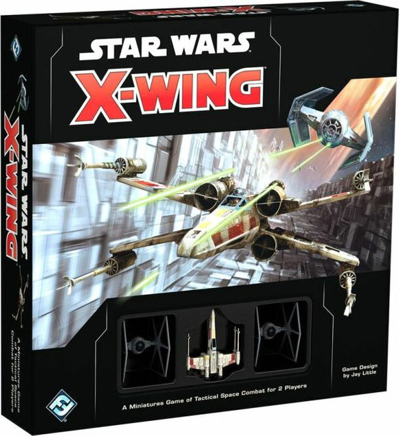 Star Wars X-Wing Core Set by Fantasy Flight Games, featuring a vibrant box design showcasing iconic spaceships, including the X-Wing fighter and TIE fighters. The game is designed for tactical space combat for 2 players.