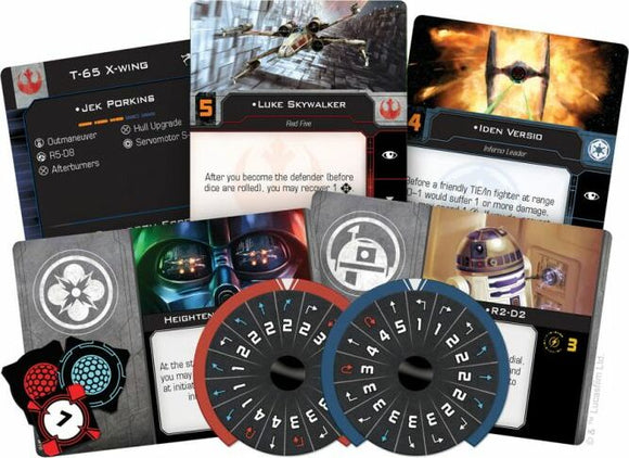 The Star Wars X-Wing Core Set by Fantasy Flight Games features a variety of game components including character cards like Luke Skywalker and Iden Versio, maneuver dials, and upgrade cards, all designed for strategic space battles. The set captures iconic elements from the Star Wars universe, allowing players to engage in thrilling gameplay with well-known characters and vehicles.