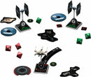 The Star Wars X-Wing Core Set features a detailed setup with an X-Wing miniature and two TIE Fighters. Included are various tokens, maneuver dials, and dice, perfect for strategic tabletop gameplay. This game captures the essence of space battles in the Star Wars universe.