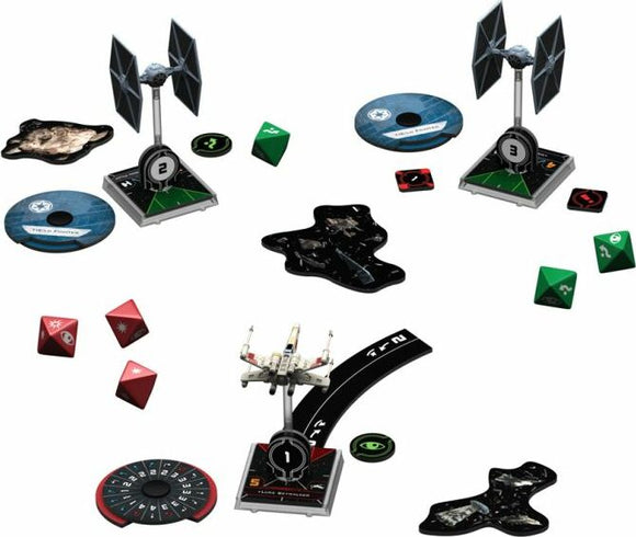 The Star Wars X-Wing Core Set features a detailed setup with an X-Wing miniature and two TIE Fighters. Included are various tokens, maneuver dials, and dice, perfect for strategic tabletop gameplay. This game captures the essence of space battles in the Star Wars universe.