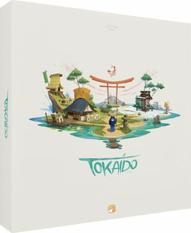 Tokaido 10th Anniversary Edition board game by FunForge, featuring beautifully illustrated scenes from the Tokaido journey, including traditional Japanese landscapes and characters. The game box showcases a vibrant design with a colorful representation of the game board layout.
